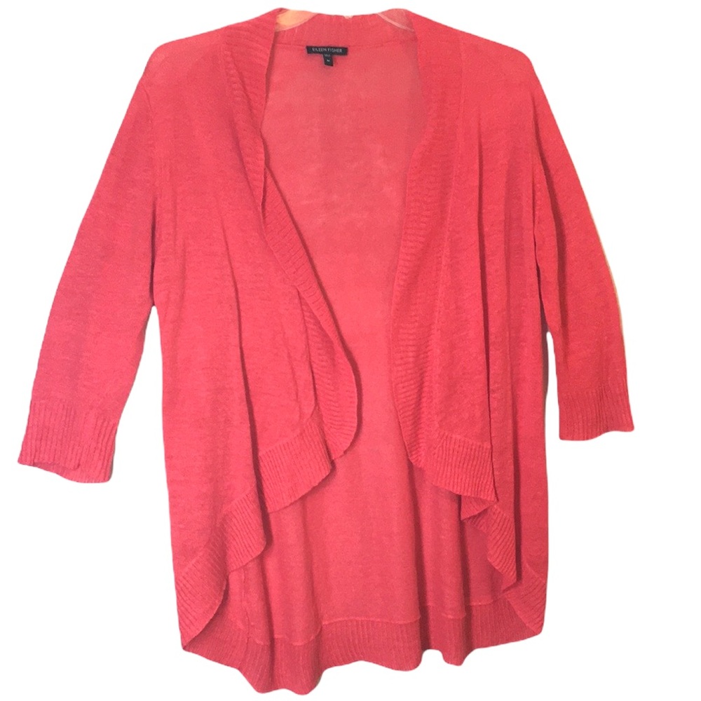 Eileen Fisher Coral Linen Open Cardigan Sweater